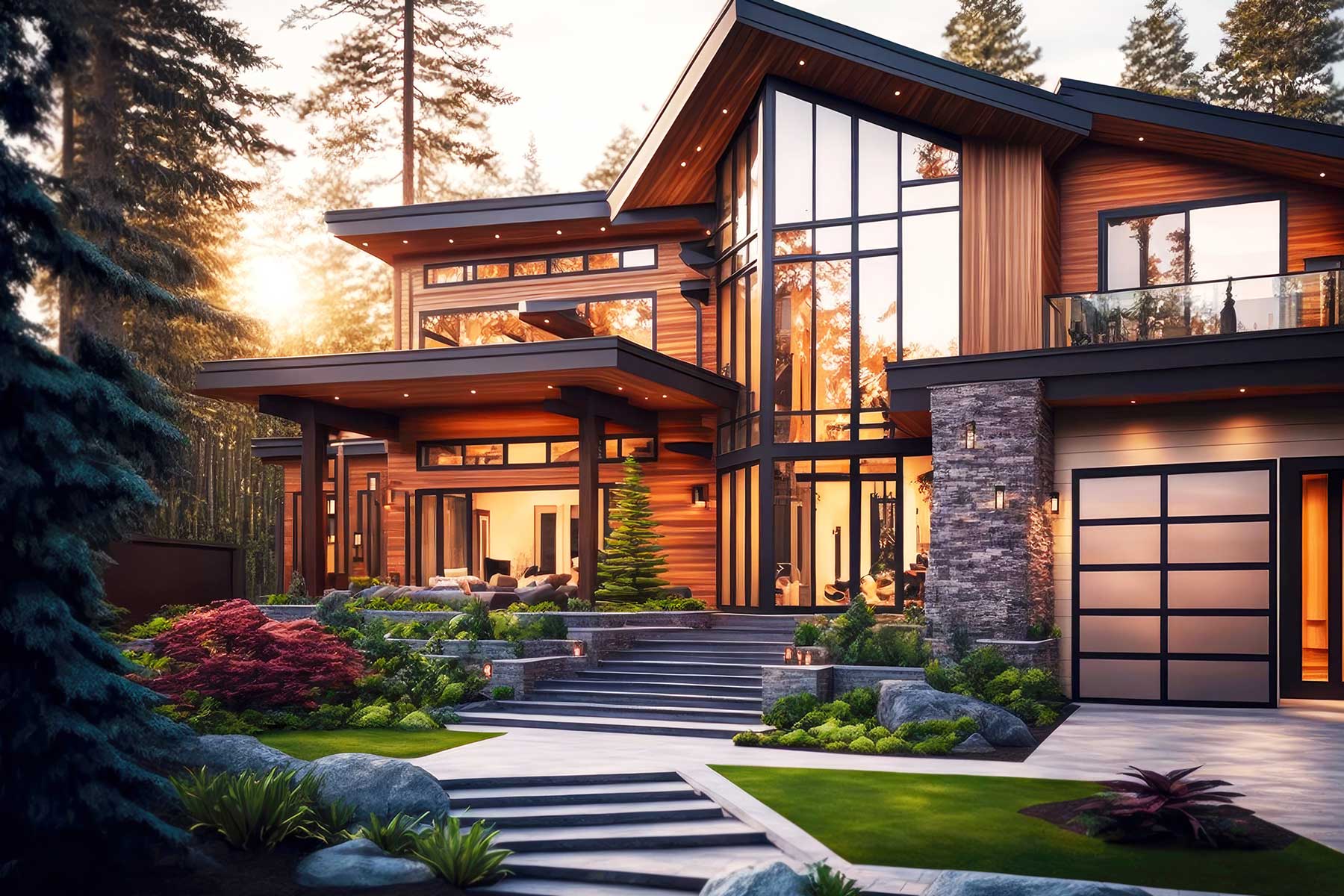 luxury home exterior at sunset